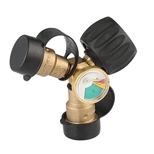 KIBOW Propane Y-Splitter Tee Adapter with Gauge-100% Solid Brass-Work with BBQ Grills, Camping Stoves, Gas Burners, Propane Appliances
