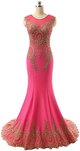 MOBAI Women's Gold Lace Appliques Mermaid Long Evening Gowns Party Prom Dresses (10, Hot Pink)