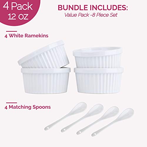 Souffle Dish Ramekins for Baking - 12 Ounce (Set of 4, White with 4 Extra Spoons) 12 Oz