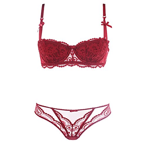 Womens Sexy Lace Push Up Bra Set Embroidery Lingerie Set Balconette Bra & Panty (32C, Wine)