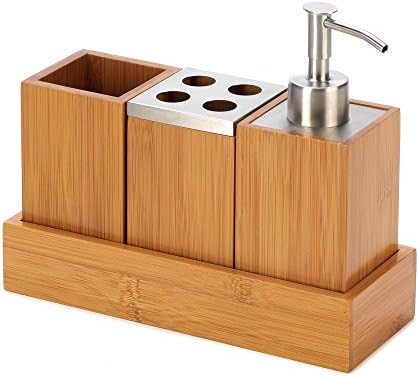 Bamboo Bathroom Accessory Set in Tray Soap Dispenser Cup Toothbrush Holder