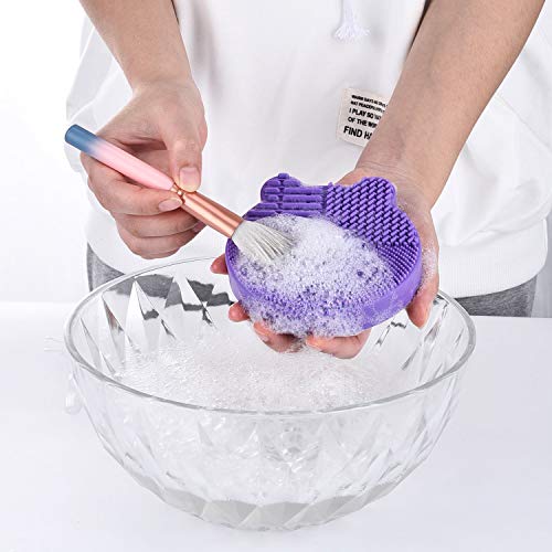 Silicon Makeup Brush Cleaning Mat with Brushes Drying Holder Portable Bear Shaped Cosmetic Brush Cleaner Pad+ Makeup Brush Dry Cleaned Quick Color Removal Sponge Scrubber Tool (Pink)