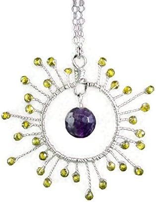 Silver Wire Wrapped Starburst Pendant Necklace with Amethyst and Green Cubic Zirconia Handmade