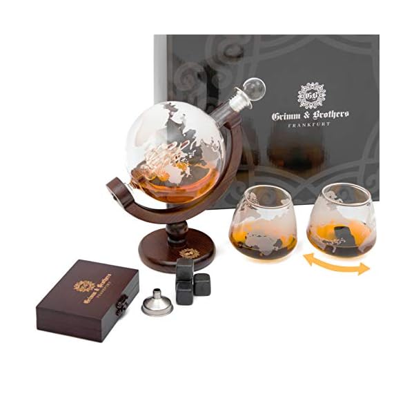 GRIMM & BROTHERS: Whisky Karaffe 850ml- 2 Whisky Gläser mit Curling Effekt- 9 Whiskey Steine- Whiskey Geschenk- ECHTHOLZ…