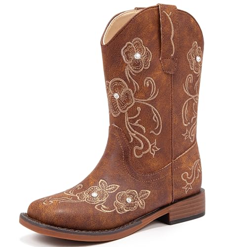 Motasha Girls Cowboy Boots Classic Western Floral Embroidery Sparkly Rhinestone Little Big Kids Cowgirl Boots Side Zipper Mid Calf Square Toe Toddler Girls Boot Riding Concert Party Wedding Halloween