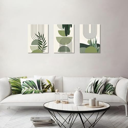 3 Pieces Modern Paintings Sage Green Boho Print on Canvas with Frame Abstract Aesthetic Green Plant Canvas Painting Wall Poster Wall Decor Living Room Bedroom 30 x 40 x 3