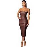 XLLAIS Women Sexy Strapless Tube Top Club Midi Dress Off Shoulder Bodycon Party Faux Leather Dress