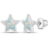 In Season Jewelry Simulated Opal Star Kids Earrings - 925 Sterling Silver Hypoallergenic Earrings for Girls with Secure Screw Backs - Safe & Comfortable for Toddlers, Kids & Little Girls