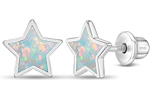 IN SEASON JEWELRY 925 Sterling Silver Simulated Opal Star Screw Back Earrings for Little Girls, Pre-Teens and Teens 8mm - Celestial Star Earrings for Girls - Glittering Earrings for Young Girls