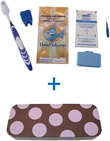 Pink and Brown Spotted, Tin, Eco-friendly Case with Orthodontic Kit - Flossfish