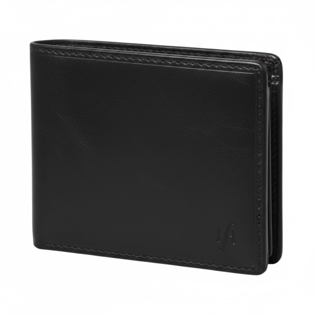 STARHIDE Genuine Leather Slim Bifold Money Clip Wallet, RFID Safe Card Holder with Coin Pocket, 10 Card Capacity, Gift Boxed, Model 820 (Black)