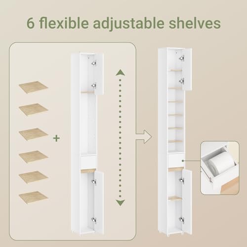 SoBuy Muebles para Baño, Organizador de Baño Estrecho, Mueble Esquinero para Baño, Armario de Almacenamiento Baño, Armario Alto con Cajón y Estantes Ajustables, de 180cm(Natural BZR34-WN)