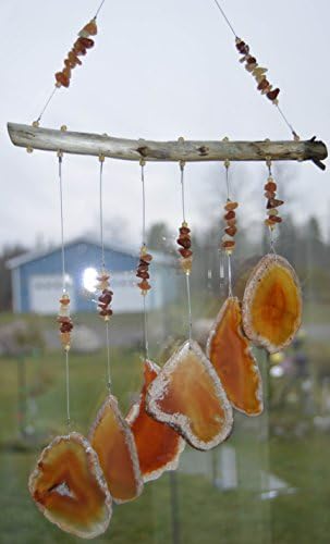 Amber Agate geode wind chime windchime sun catcher wind chime mobile Hanging from Lake Superior Driftwood hanging window decor suncatcher outdoor ornament patio