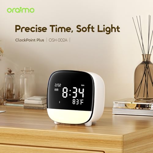 Oraimo Premium Alarm Clock Smart Touch Control, 3 Alarms & Voice-Activated Backlight, 80-Day battery Life per Charge, Digital Clock with Date/Temp/Snooze/12H/24H, Desk Clock for Students Children