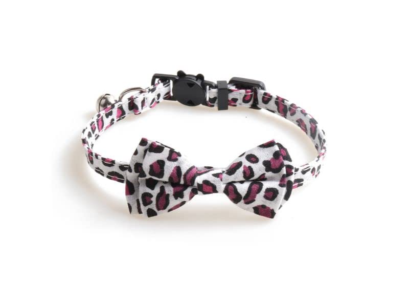 Bowtie Cat Collars with Bell | Safe Quick Release Breakaway Buckle | ZACAL Cat Collars (White & Pink Leopard Print)