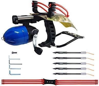 Xfpillar All-In-One Hunting Slingshot (2rd Generation Fishing Slingshot), 5-pcs Reusable Bow Fishing Arrowheads 2-set Powerful Replaceable Rubber Bands, Includ Laser Sight and Fishing Reel
