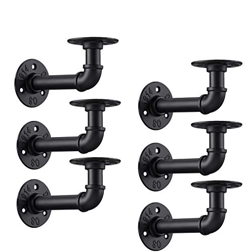 Industrial DIY Pipe Shelf Brackets,Vintage Black Iron Wall Mount Pipe Shelving Bracket, Rustic Home Pipe Shelf,6 Pack