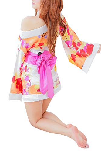Women's Sexy Japanese Kimono Cosplay Costume Floral Lingerie Robe Sleepwear Dress White