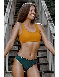 CUPSHE Bikini festoneado de color amarillo con bloque de color verde azulado para dama