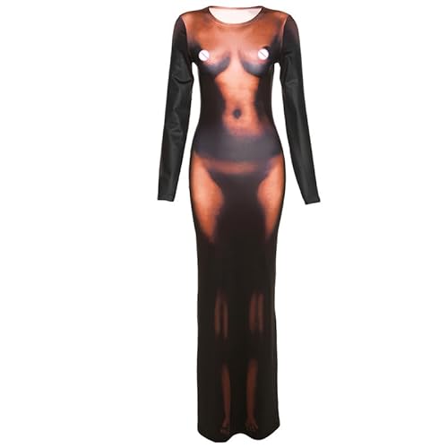 sexy lingerie g cup Y2K 3D Body Print Maxi Dress Women Aesthetic Long Sleeve Unique Sexy Body-Shaping  Robe Party Clubwear Clothing (Black,M,Medium) in Kenya