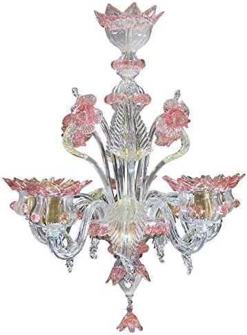 Chandelier Glass Murano, clear and pink Blown Glass Chandelier 5 lights Gold and Pink, Murano Handmade