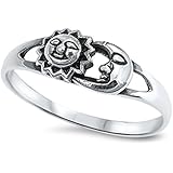 Solid Sun &amp; Moon .925 Sterling Silver Ring Size 7
