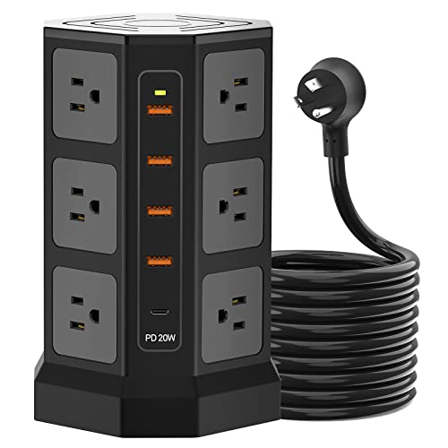 Power Strip Tower Surge Protector with Night Light, 10 Ft Extension Cord, 12 Outlets with 1 USB C Port[20W] and 4 USB Ports[2100J/1625W/13A], AUOPLUS Desktop Charging Station for Home, Office