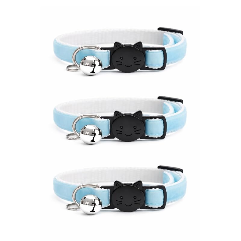 Velvet Cat Collars with Bell. Safe Breakaway Quick Release Buckle. Available in Cat & Kitten Size (Pack of 3) (Cat Collar (20cm - 30cm), Baby Blue Velvet (Pack of 3))