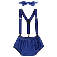 OBEEII Cake Smash Outfits Baby Boy 1st Birthday Party Suspenders Diaper Nappy Cover Bow Tie Royal Blue