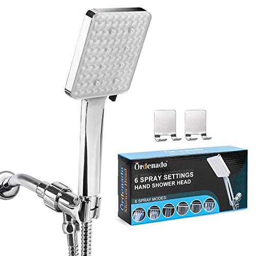 High Pressure Shower Head with Handheld, 6-Setting Square Shower Head, Detachable Shower Head with Adjustable Holder and Stainless hose, Powerful Spray Handheld Shower Heads, 2 Bonus Shower Hooks