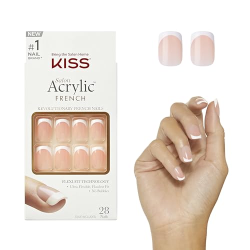 KISS Salon Acrylic French French Manicure Fake Nails Kit - Bonjour, Short - Acrylic Infused Technology, Strong, Professional, Salon Quality, Flawless DIY Manicure, Bubble Free, Durable | 28 Count
