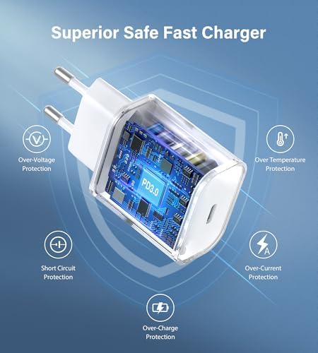 30W Chargeur i-Phone, Chargeur USB C, PD 3.0 Chargeur Rapide, Adaptateur USB-C Alimentation Compatible avec i-Phone 16/15/14/13/12 Plus Pro Max Mini, iPad, Samsung Galaxy S24/S23/22