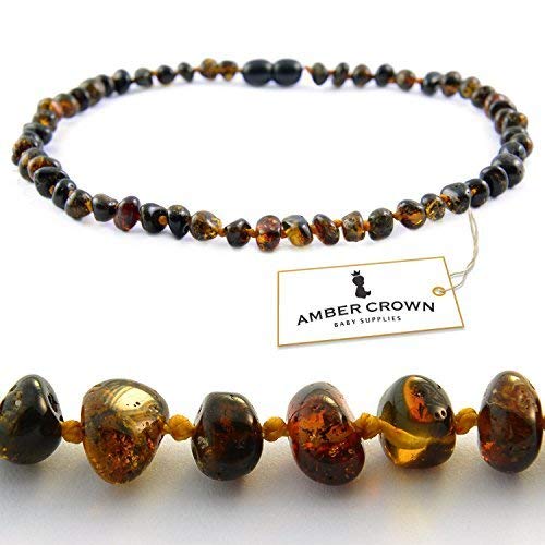 Baltic Amber Teething Necklace for Babies - Anti Inflammatory, Drooling and Teething Pain Reducing Natural Remedy - Polished Greenish Certified Baltic Amber Beads
