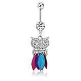 WILLTOO 1PC Cute Crystal Owl Dangle Belly Button Bar Navel Ring Body Piercing Jewelry (Multicolor)