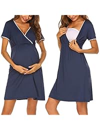 Ekouaer - Camisón plisado de manga larga y manga corta para mujer, ideal para el trabajo, maternidad, lactancia materna, para dormir (S-XXL)