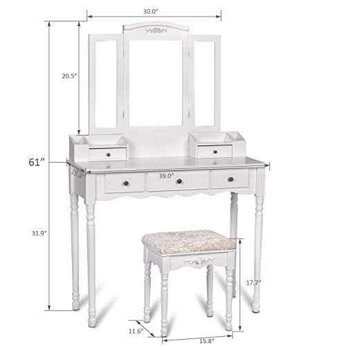 Vanity Stool Set,Make Up Table with 5 Drawers,Tri-Folding 3 Mirrors,Cushioned Stool Easy Assemble White