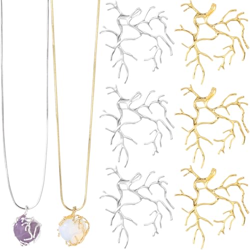 HINZIC 6 Pcs Branch Shape Blanks for Jewelry Making, Silver/Gold Brass Prong Pendant Settings, Handmade Metal Claw for Pendant, Tray Bezel Irregular for DIY Crafts Necklace