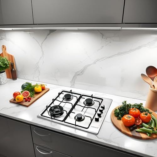 GI 6031 Table de Cuisson à Gaz 4 Brûleurs Émaillés Allumage Électronique Intégré à la Commande Soupapes de Sécurité Préparée Pour le Gaz Naturel Puissance de 8kW 58 cm