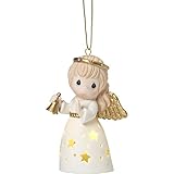Precious Moments LED Angel with Hand Bell Bisque Porcelain Hanging Ornament, Multicolor