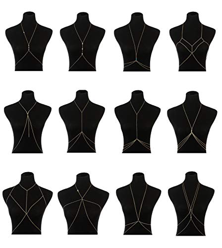 Vegolita 12Pcs Body Chains for Women Beach Bikini Waist Belly Chain Jewelry Necklace Gold Tone