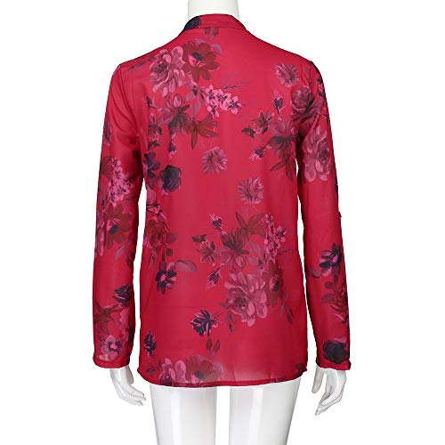 ANJUNIE Women Flower Printing Blouse with Pocket,Long Sleeves Notch Neck Tunic Top Shirt(Red,L)