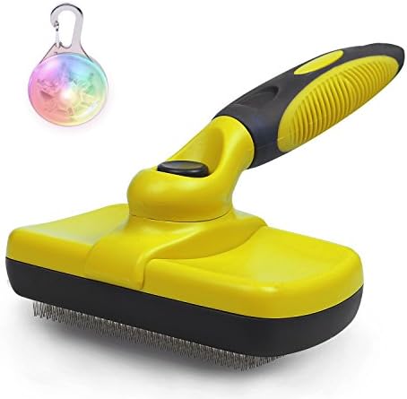 Self-cleaning Slicker Brush for Pet's Long Short Hair Shedding Press a Button to Remove Tangles and Loose Fur for Small Medium or Large Dogs and Cats with Pet Safety Ligjt Collar(Yellow)