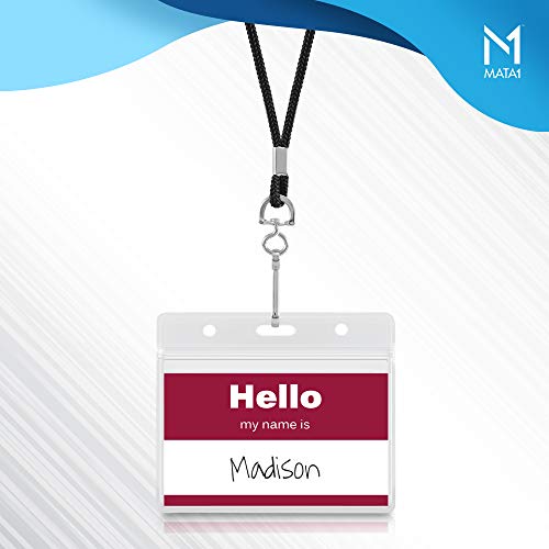 Mata1 Lanyard with ID Holder (Black Lanyard, 2.25x3.5 Inch Horizontal Badge, 50 Pack), Round Woven Lanyards and Clear Plastic Card Holders