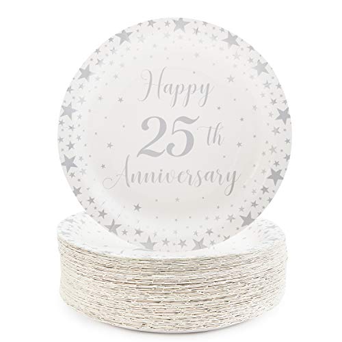 Happy 25th Anniversary Party Paper Plates 9 inches for Lunch Dinner (80 Pack)