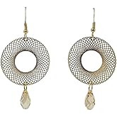 Designer Golden Shadow Crystal Drop Earrings - Unique 1 Micron Gold Plated Mesh Circle Dangles - Long Teardrop Statement Jewelry for Women - Rare Handmade Wedding Gift