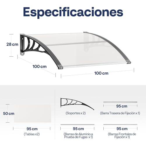 VIVOHOME House Door Canopy 100 x 100 cm with Aluminium and Polycarbonate Frame for Door, Transparent Canopy for Sun Protection and Rain Protection