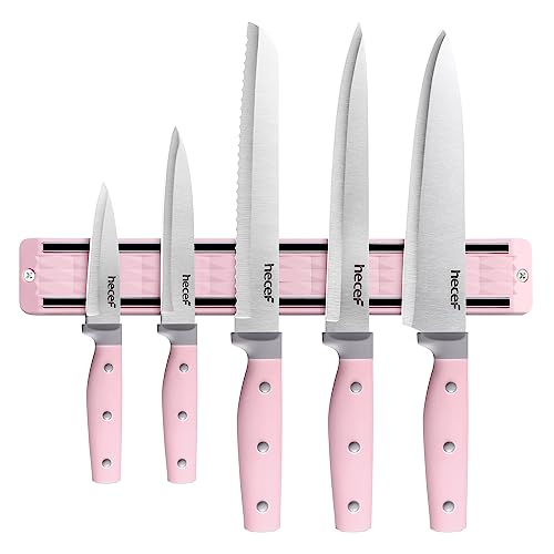 hecef 5 Pieces Kitchen Knives with Magnet Knives Organizers (33 cm), Professional Stainless Steel Kitchen Knives Set with Magnetic Bar Knives (Pink)