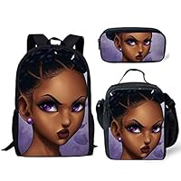 FANCOSAN Children School Book Bag Set with Kids Backpack + Lunch Box + Pencil Case 3PCS/Sets Black Queen African Women Rucksack