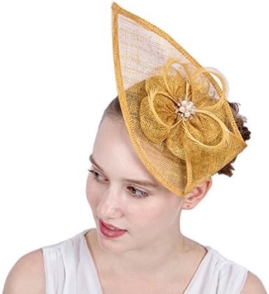 Elaine Room Fascinator Derby Hat cambric Flower Veil Feather Hair Clip For Party Halloween (Golden)