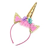 Love Sweety Girls Golden Sliver Unicorn Ears Headband Rose Flower Cosplay Hair Clasp (1# Golden)